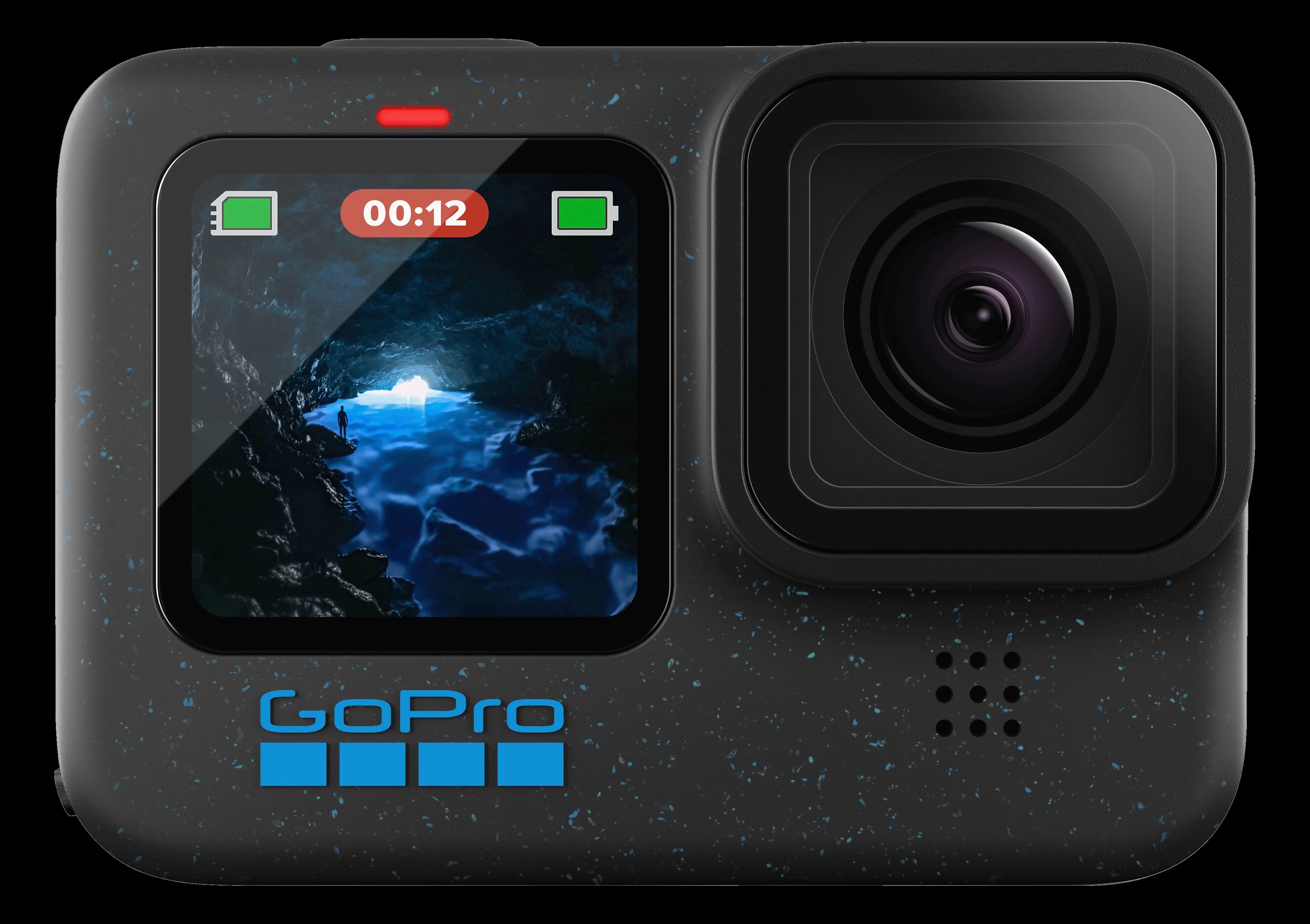 Compact action camera on a clean studio background